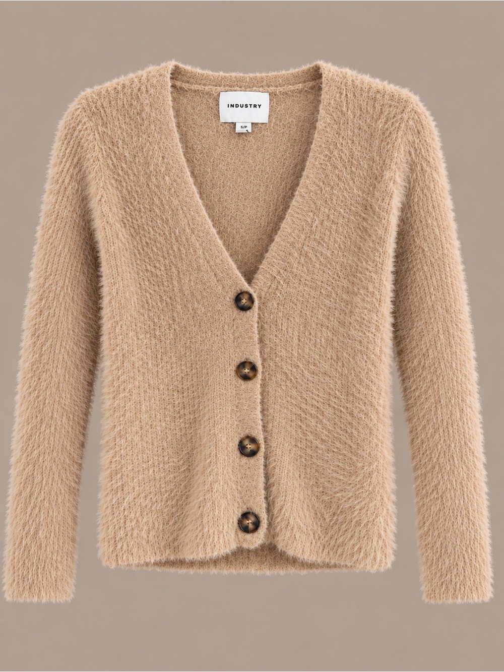 INDUSTRY Soft Beige Fuzzy V-Neck Button Cardigan